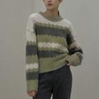 Color-block Fluffy Sweater Light Green - One Size