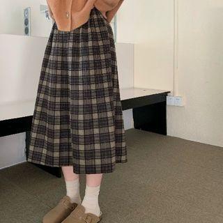 High Waist Plaid Midi A-line Skirt Plaid - Black - One Size