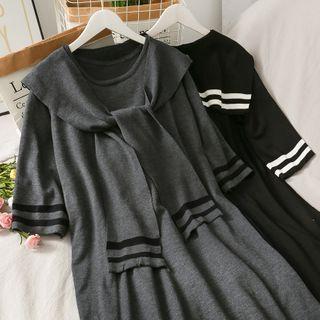 Set: Striped-trim Knitted A-line Dress With Shawl