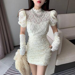Set: Short-sleeve Lace Mini Sheath Dress + Arm Sleeves
