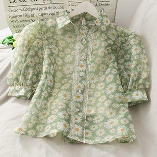 Lace-trim Daisy-print Crop Shirt
