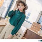 Knotted Neck Stand Collar Puff Sleeve Top