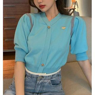 Short-sleeve Embroidered Cardigan Blue - One Size