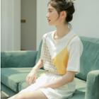 Short-sleeve Color Block T-shirt White & Yellow - One Size