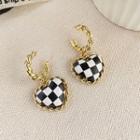 Checker Heart Alloy Dangle Earring 1 Pair - Stud Earring - S925 Silver Needle - Gold - One Size
