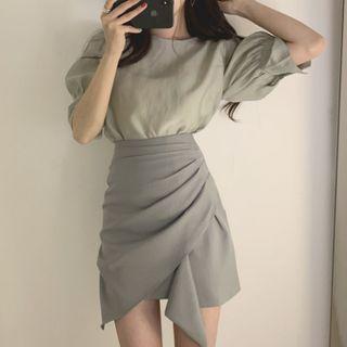 Buttoned Puff-sleeve Blouse / Irregular Hem Mini A-line Skirt