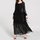 Lace-up Long-sleeve Maxi Dress Black - One Size