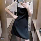 Short-sleeve Plain Blouse / Spaghetti Strap Mini A-line Dress