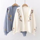 Flower Embroidered Open Front Cardigan / Pocket Detail Shirt With Cat Embroidered Tie