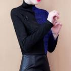 Long-sleeve Embellished Two-tone Mock-neck Top