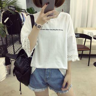 Fringed Lettering 3/4 Sleeve T-shirt