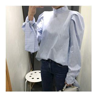 Mock-neck Puff-shoulder Striped Top