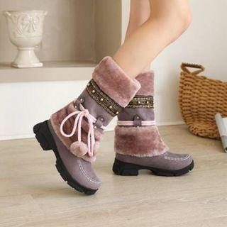 Faux Suede Furry Panel Mid-calf Snow Boots