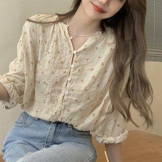 Long-sleeve Floral Printed Top Almond - One Size