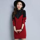 Mock Two-piece Two-tone Long-sleeve Knit Dress