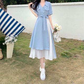 Short-sleeve Tie-waist Panel Midi Dress