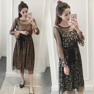 Set : Mesh Long-sleeve Dress + Print Strap Dress