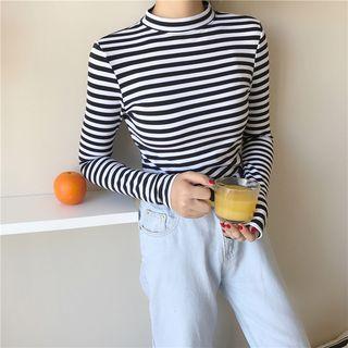 Long-sleeve Mock Collar Striped Top