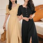 Short-sleeve Frill Trim Slit Midi A-line Dress