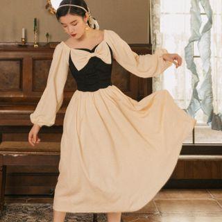 Long-sleeve Two-tone Bow Accent Midi A-line Dress