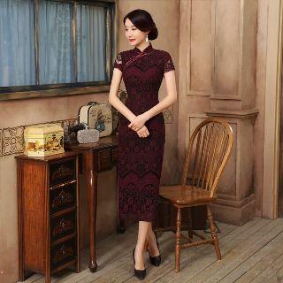 Short-sleeve Lace Midi Cheongsam