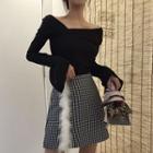 Long-sleeve Asymmetrical Neckline Top / Plaid A-line Skirt