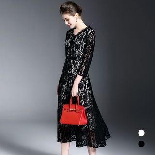 3/4-sleeve A-line Midi Lace Dress