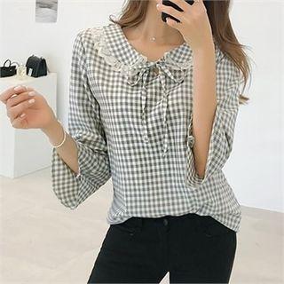 Tie-neck Lace-trim Plaid Blouse