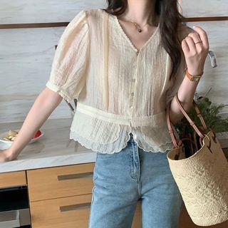Short-sleeve Sheer Blouse Milky White - One Size