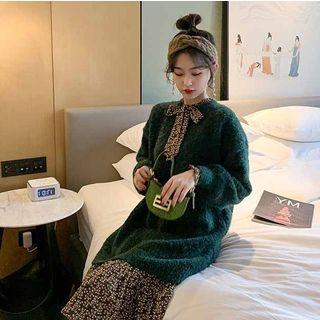 Set: Tie-neck Floral Print Long-sleeve Chiffon Dress + Long Sweater