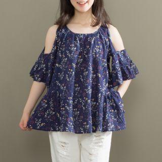 Floral Print Cutout Shoulder Short-sleeve Top