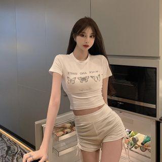 Short-sleeve Butterfly Print T-shirt / Drawstring Shorts