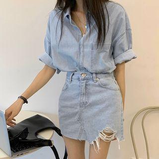 Elbow-sleeve Denim Shirt / Frayed Mini Skirt