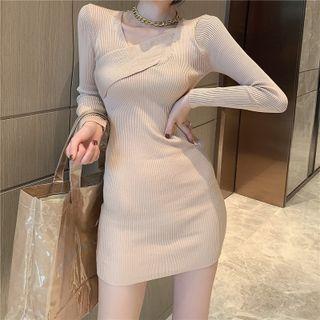 Long-sleeve Asymmetrical Knit Mini Sheath Dress