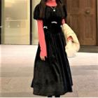 Short-sleeve Midi A-line Velvet Dress Black - One Size
