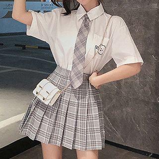 Elbow-sleeve Shirt / Plaid Pleated Mini A-line Skirt / Neck-tie / Set
