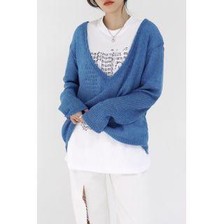 V-neck Sheer Knit Top Blue - One Size