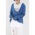 V-neck Sheer Knit Top Blue - One Size