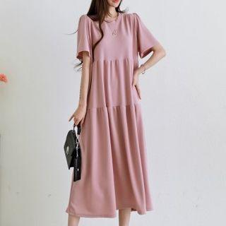 Shirred-shoulder Long Tiered Dress