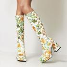Floral Print Block Heel Tall Boots