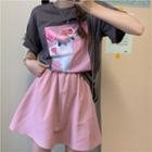 Short-sleeve Dog Print T-shirt / High-waist Wide-leg Shorts