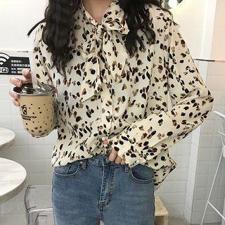 Bow Accent Leopard Pattern Blouse