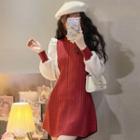 Long-sleeve Ruffle Trim Knit Panel Mini Dress