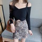 Set: Off-shoulder Knit Top + Print Skirt