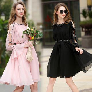 Long-sleeved Bell-sleeve Sequined A-line Cutout Sheath Dress