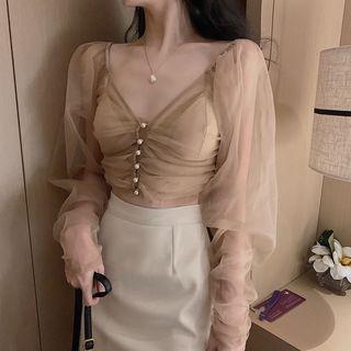 V-neck Long-sleeve Mesh Top / Asymmetric A-line Mini Skirt