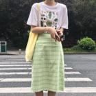 Short-sleeve Cactus Print T-shirt / Plaid A-line Skirt