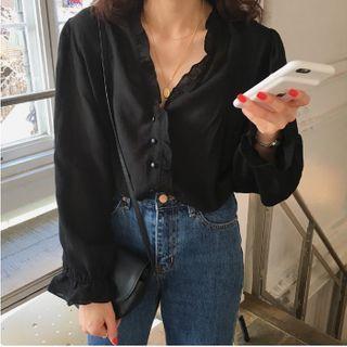 Plain Frilled V-neck Long-sleeve Blouse