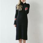 Long-sleeve Contrast Trim Midi Sheath Knit Dress