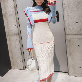 Long-sleeve Ruffle-trim Color Block Midi Knit Dress As Shown In Figure - One Size